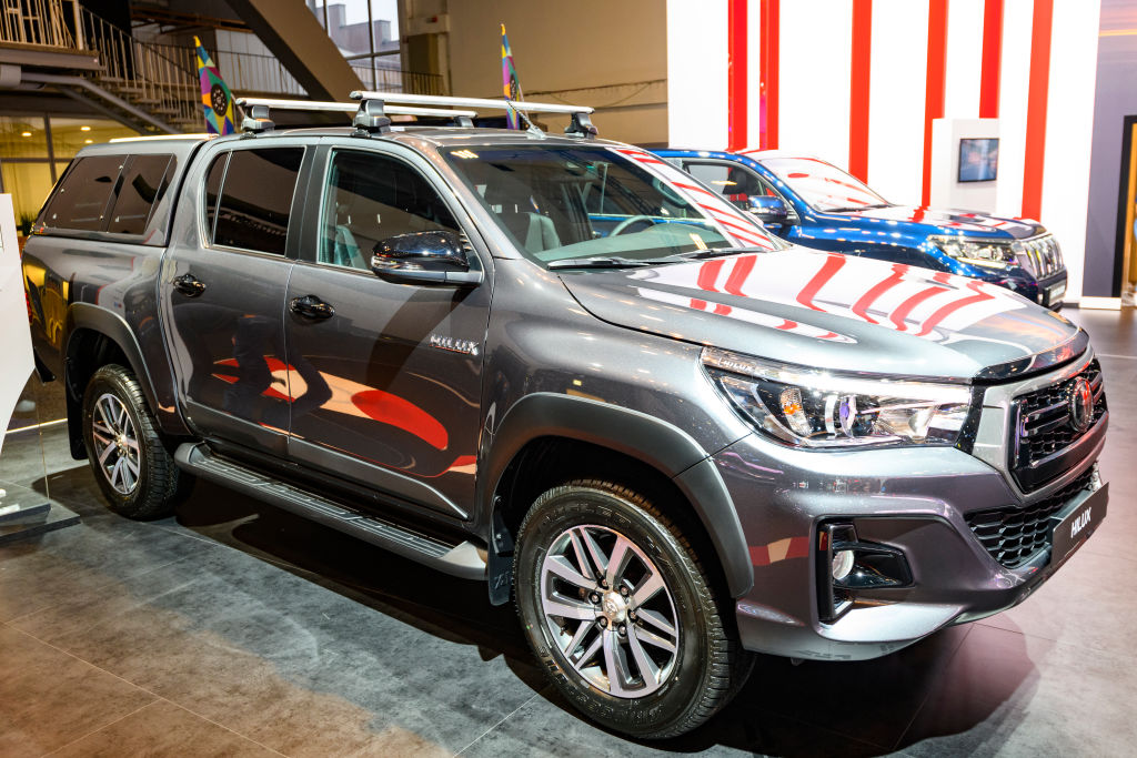 Silver Toyota Hilux on display at a motor show
