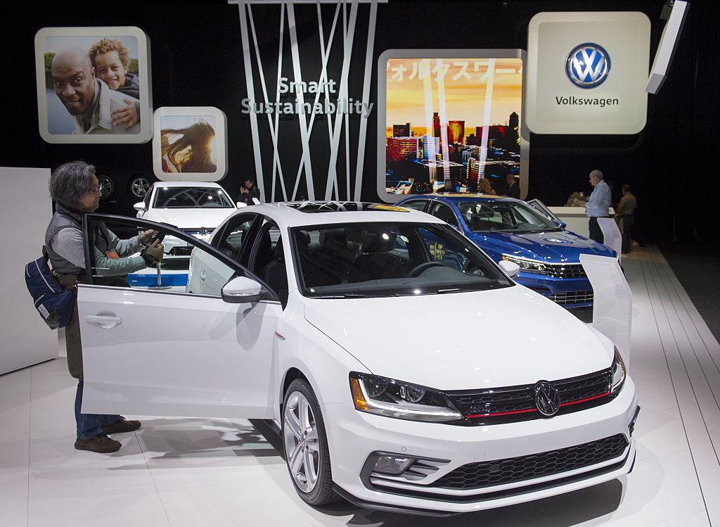 Attendees look at the the Volkswagen Jetta during the 2017 North American International Auto Show in Detroit, Michigan