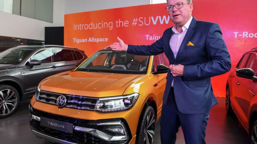 The Volkswagen Tiguan being debuted at an auto show
