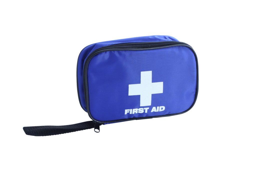 A blue first-aid kit for roadside emergencies.