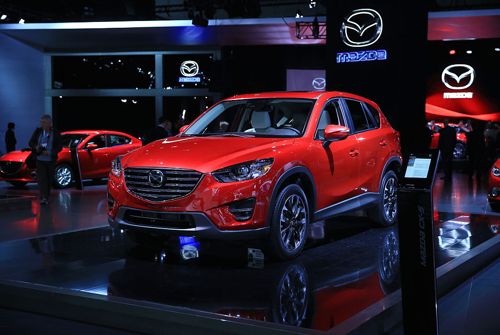 A 2015 Mazda CX-5 on display at an auto show