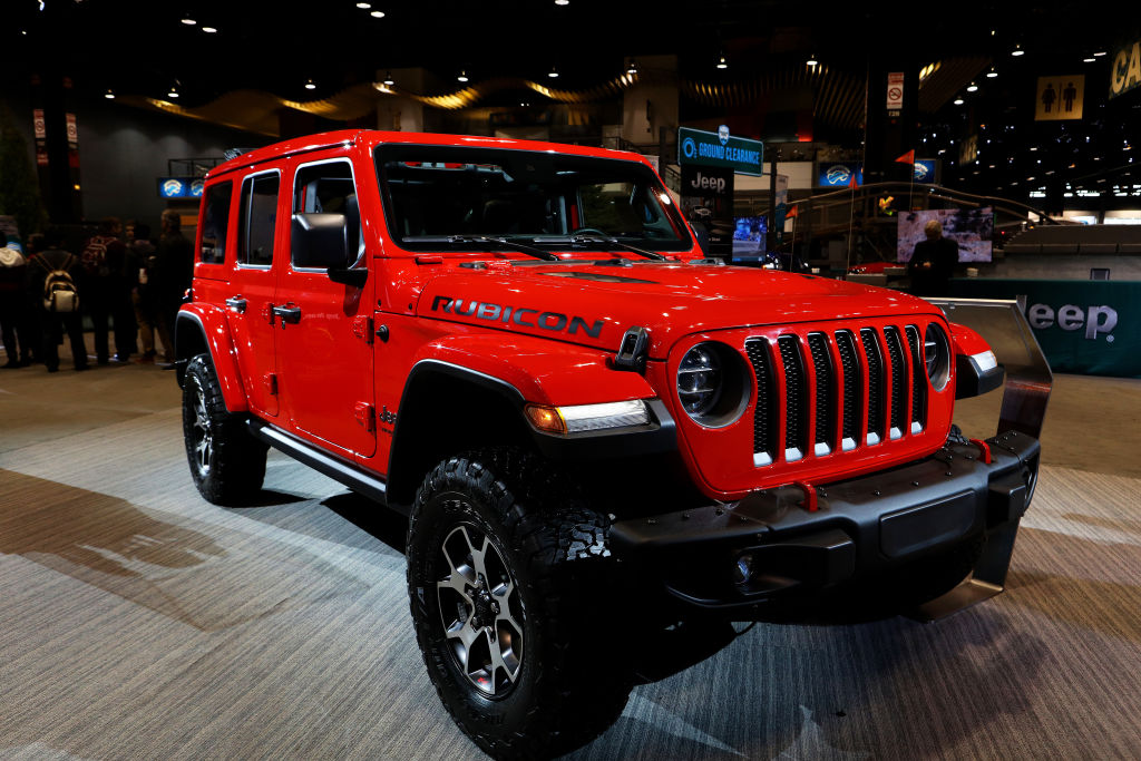 A 2020 Jeep Wrangler Rubicon on display at an auto show