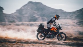 2020 KTM 390 Adventure motorcycle riding through the desert