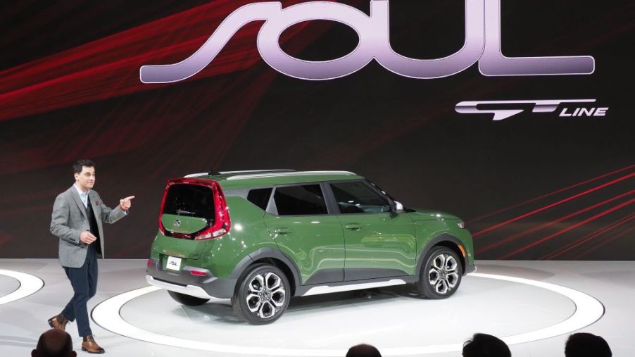 Kia introducing the 2020 Soul at an auto show