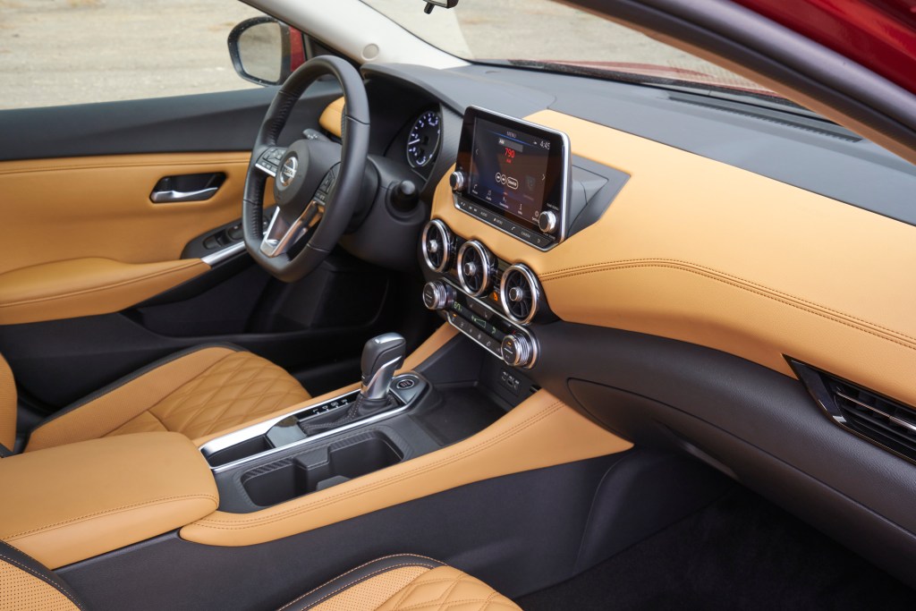 A 2020 Sentra SV model with leather trimmed seats.