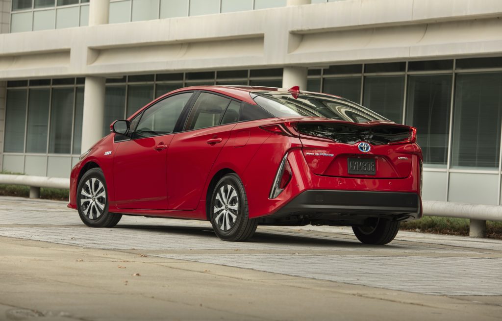 a rear shot of a 2020 Toyota Prius Prime shown in red