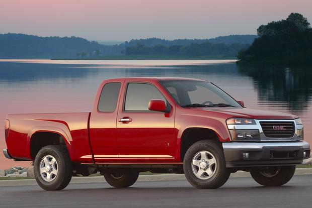 a red 2008 GMC Canyon used pickup truck model in a lakeside press photo when it was new.
