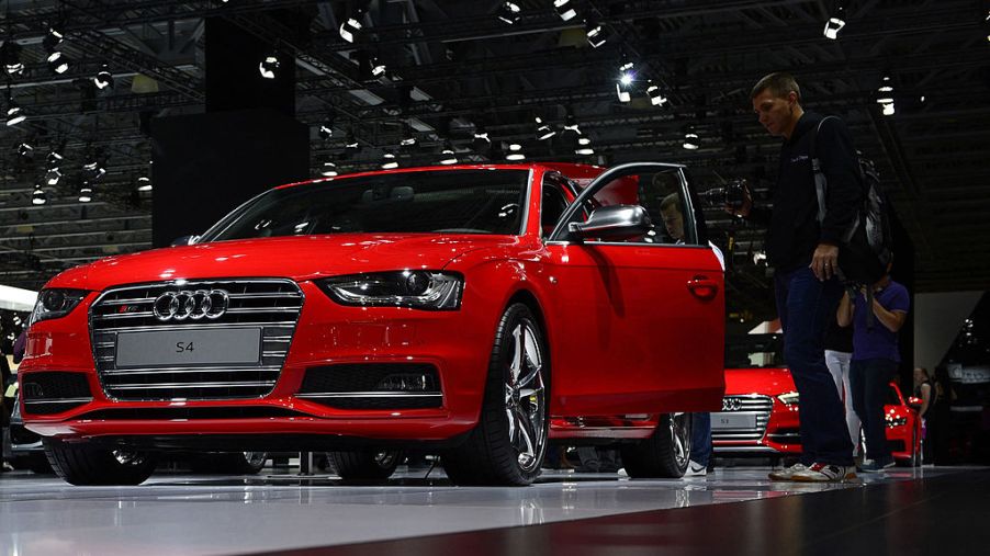 Audi S4 model inspected by visitors during the Moscow International Motor Show 'Autosalon 2014' the leading automotive event of the year in Moscow