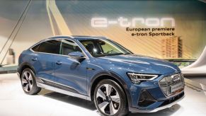 Audi e-tron Sportback full electric luxury crossover SUV car on display at Brussels Expo
