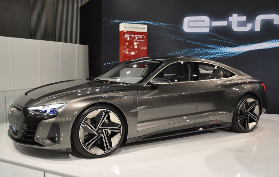 A Audi e-tron GT Concept is seen during the Vienna Car Show press preview at Messe Wien