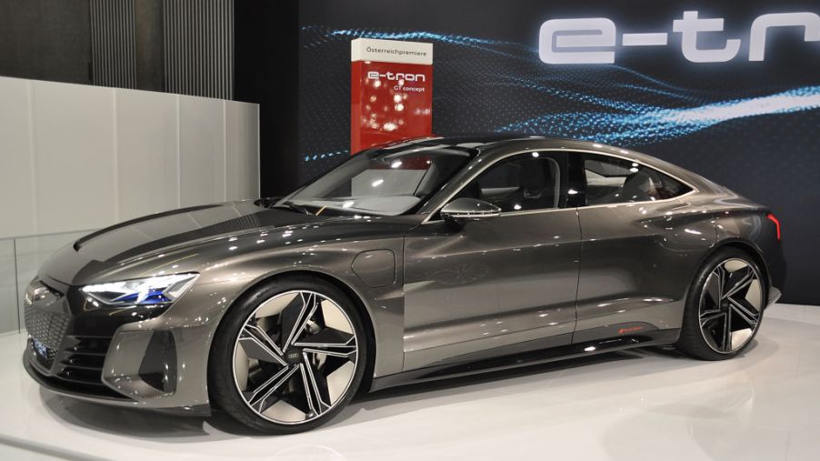 A Audi e-tron GT Concept is seen during the Vienna Car Show press preview at Messe Wien