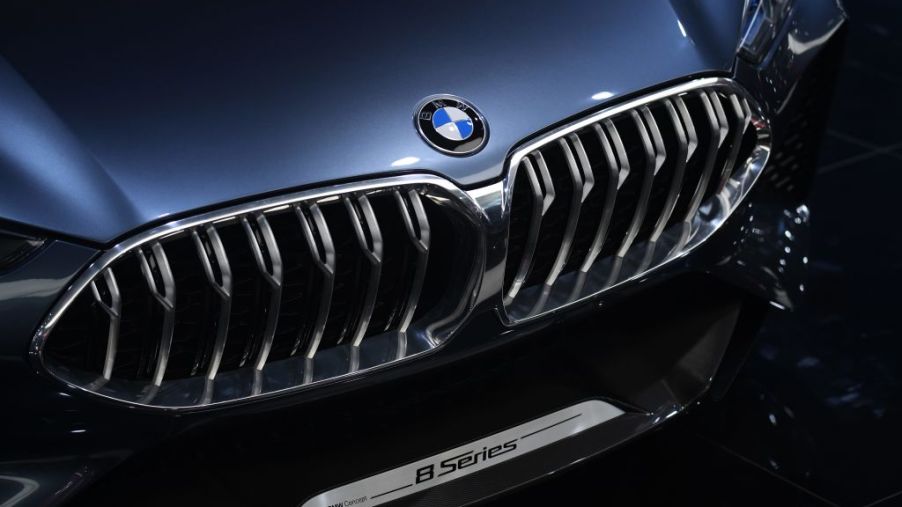 A close up shot of the grille of a BMW