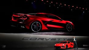 Mark Reuss, president of General Motors Company, unveils the 2020 mid-engine C8 Corvette Stingray during a news conference