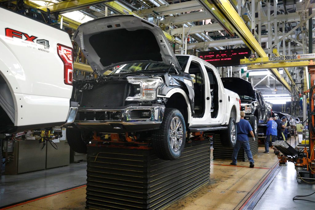 Ford F-150 trucks go through the assembly line at the Ford Dearborn Truck Plant