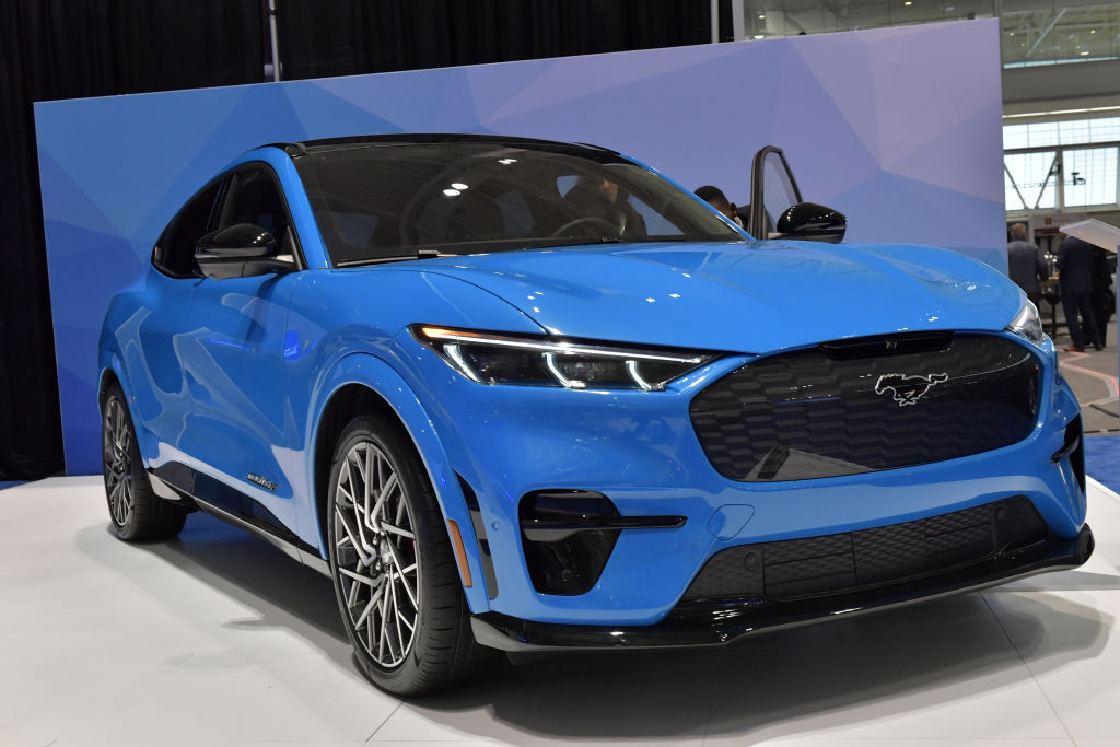 An electric Ford Mustang Mach-E is seen at the 2020 New England Auto Show Press Preview