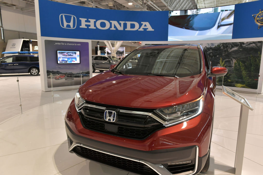 The Honda exhibit booth is seen at the 2020 New England Auto Show Press Preview at Boston Convention & Exhibition Center