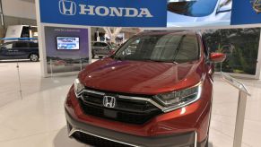 The Honda exhibit booth is seen at the 2020 New England Auto Show Press Preview at Boston Convention & Exhibition Center