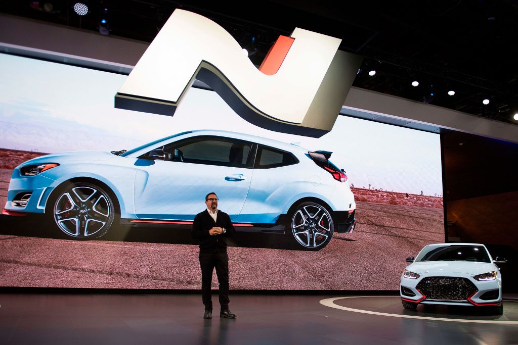 Senior Chief Designer for Hyundai Design North America Chris Chapman speaks at the Hyundai Veloster N introduction during the 2018 North American International Auto Show