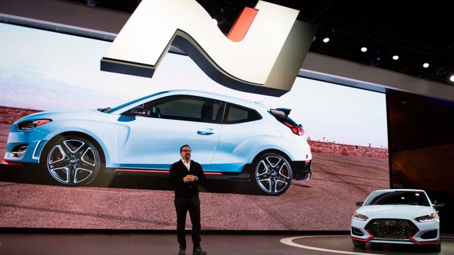 Senior Chief Designer for Hyundai Design North America Chris Chapman speaks at the Hyundai Veloster N introduction during the 2018 North American International Auto Show