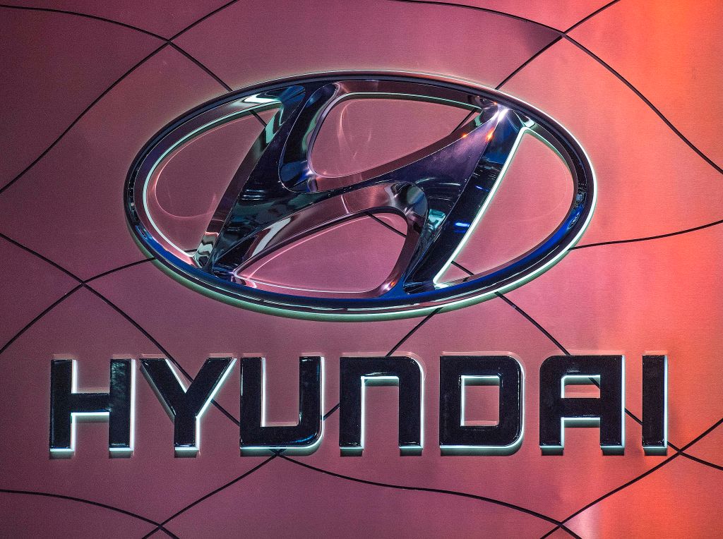 The Hyundai car logo on display during the AutoMobility LA event, at the 2019 Los Angeles Auto Show