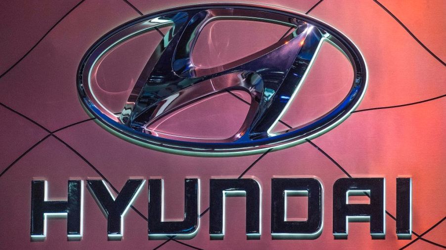 The Hyundai car logo on display during the AutoMobility LA event, at the 2019 Los Angeles Auto Show
