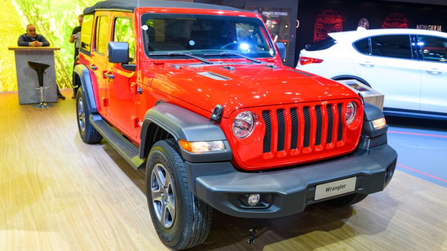 Jeep Wrangler 4x4 off road vehicle on display at Brussels Expo