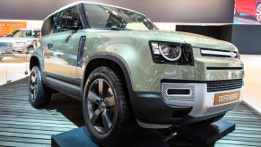 Land Rover Defender 90 off-road 4x4 vehicle on display at Brussels Expo