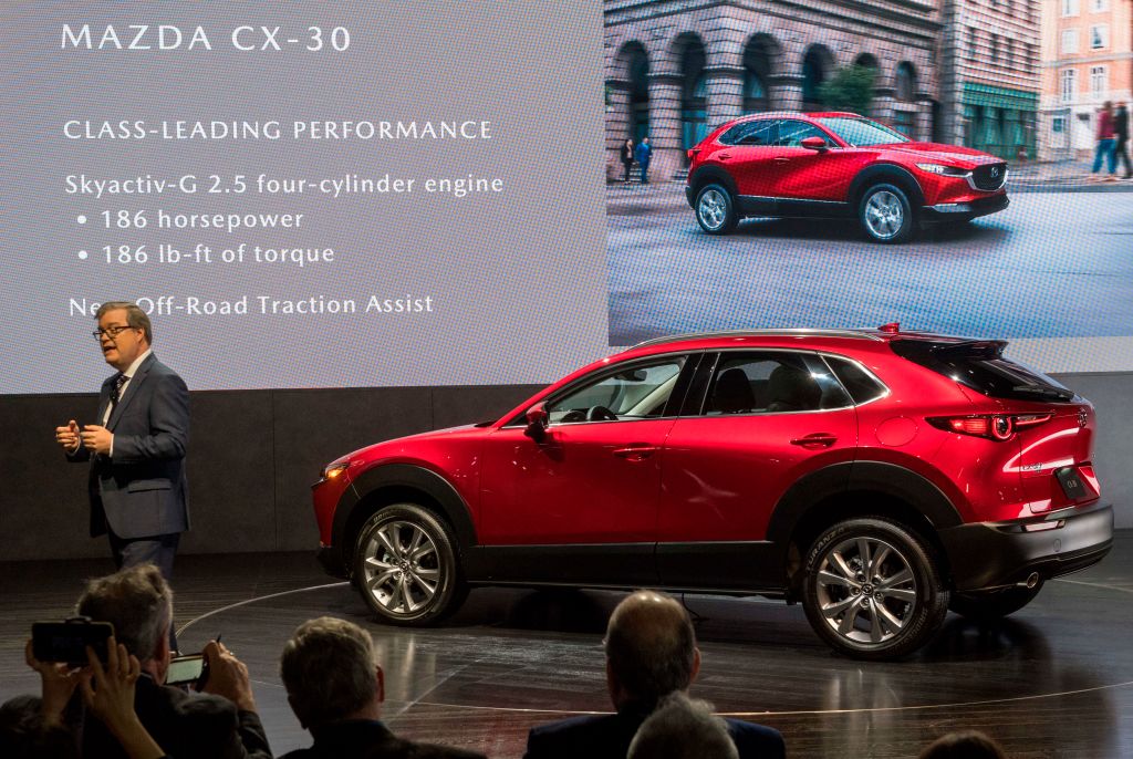 The Mazda CX-30 car on display at the 2019 Los Angeles Auto Show