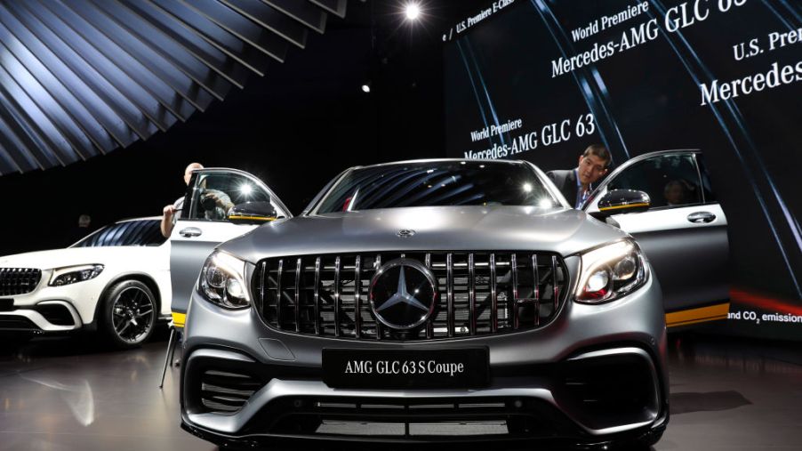 A Mercedes-AMG GLC63 Coupe is seen during the media preview of the New York International Auto Show (NYIAS) in New York