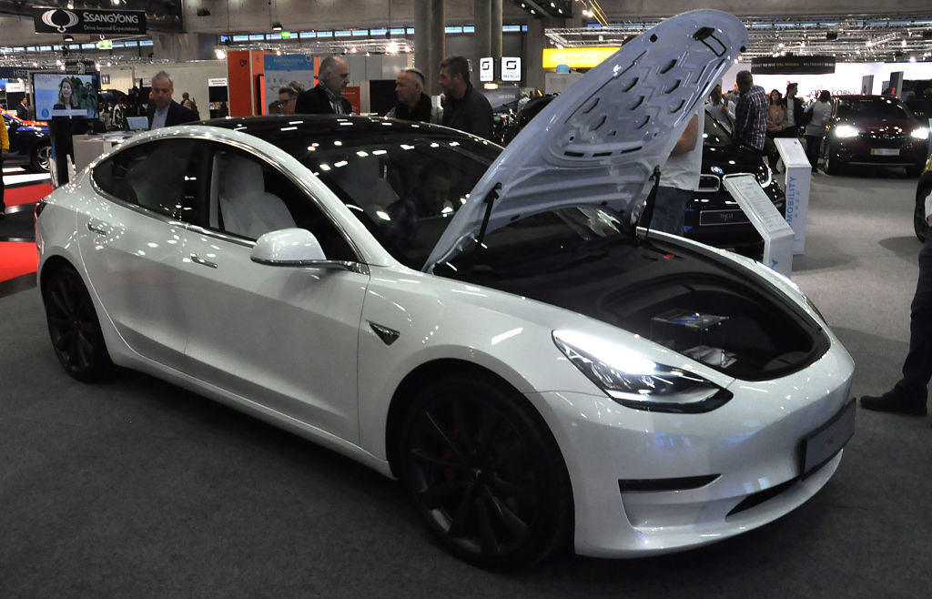A Tesla Model 3 is seen during the Vienna Car Show press preview at Messe Wien, as part of Vienna Holiday Fair