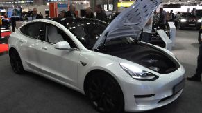 A Tesla Model 3 is seen during the Vienna Car Show press preview at Messe Wien, as part of Vienna Holiday Fair