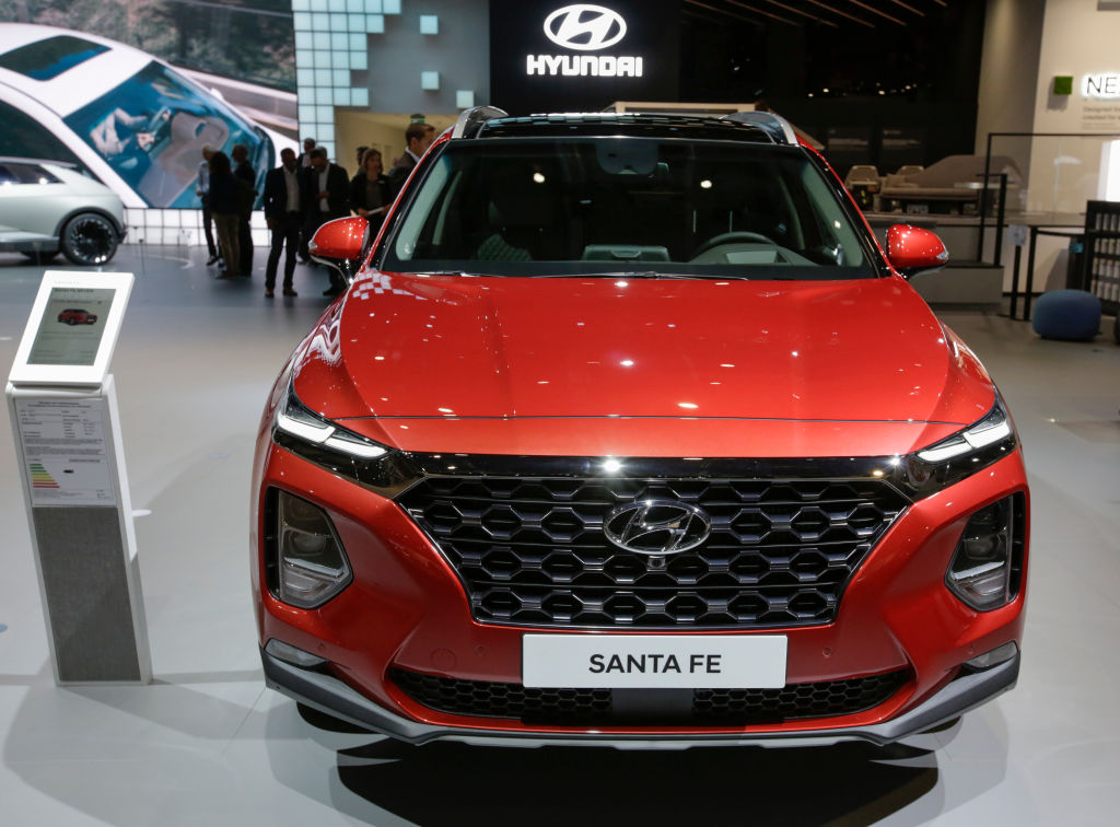 A new 2020 Hyundai Santa Fe on display at an auto show