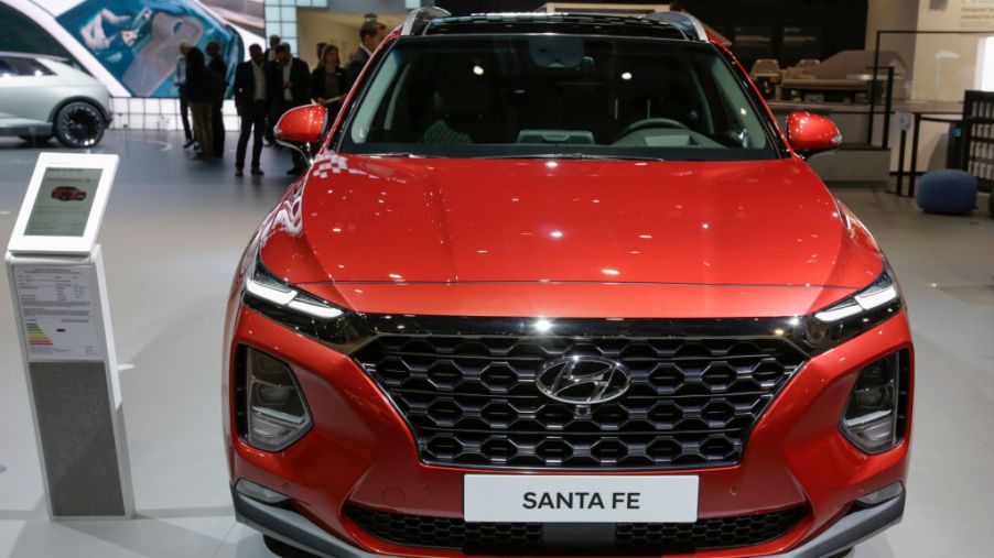 A new 2020 Hyundai Santa Fe on display at an auto show