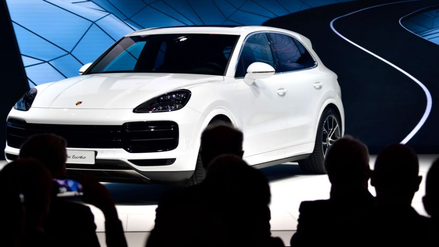 A Porsche Cayenne Turbo car is presented on stage during a show at the stand of German carmaker Porsche at the Frankfurt Motor Show IAA