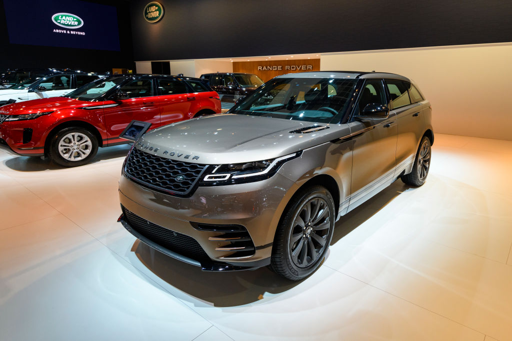 Range Rover Velar crossover luxury SUV on display at Brussels Expo