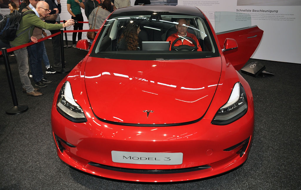 This Tesla Model 3 is displayed during the Vienna Autoshow, as part of Vienna Holiday Fair