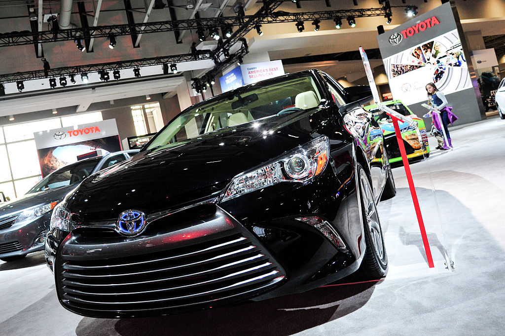 A 2016 Toyota Camry Hybrid is on display during the Washington Auto Show