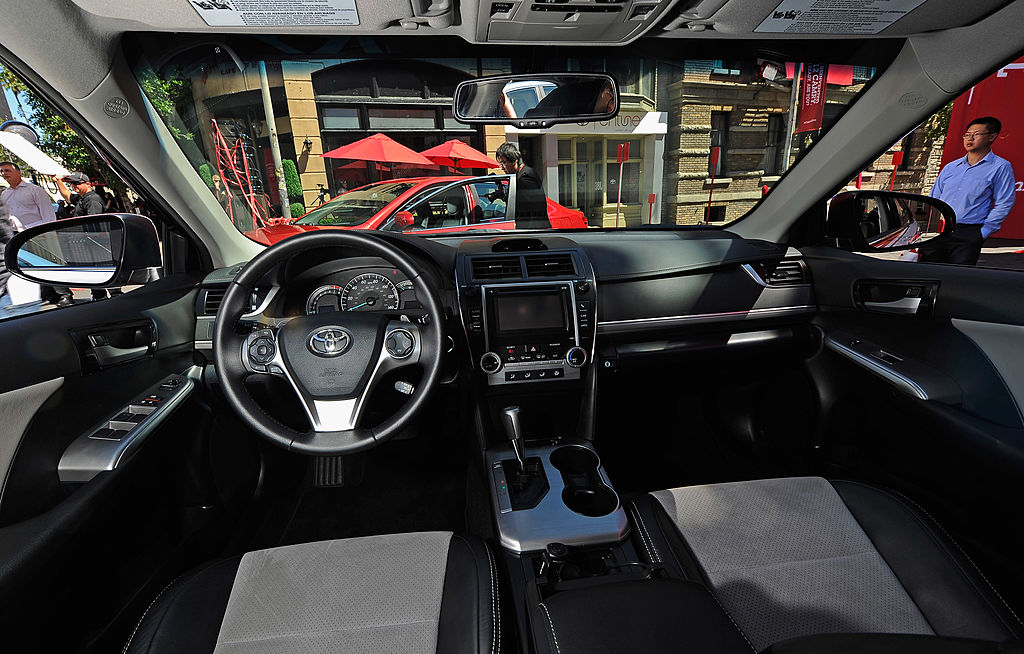 The center console of the new 2012 Toyota Camry SE V6 is seen after the unveiling ceremony on the Paramount Studios lot
