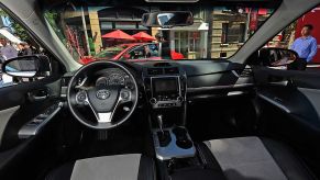 The center console of the new 2012 Toyota Camry SE V6 is seen after the unveiling ceremony on the Paramount Studios lot