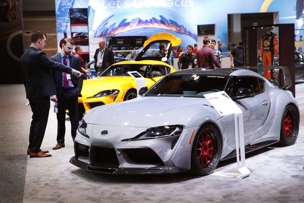 Toyota shows off their 2020 GR Supra sports car at the Chicago Auto Show