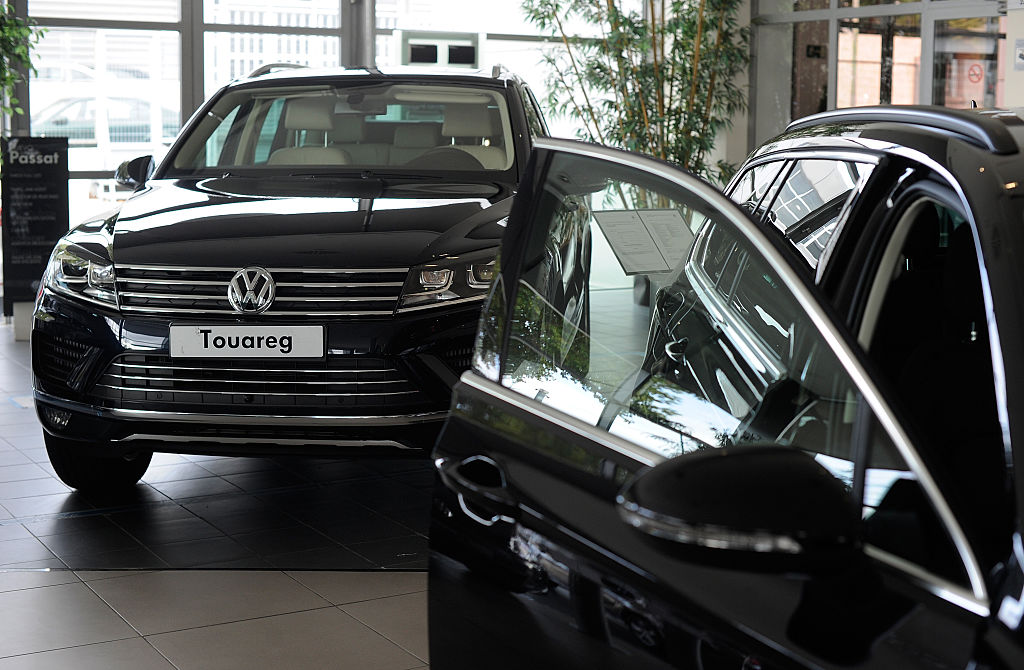 View of the Volkswagan AG Touareg car at a Volkswagen retail outlet