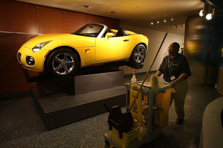 Yellow Pontiac Solstice on display