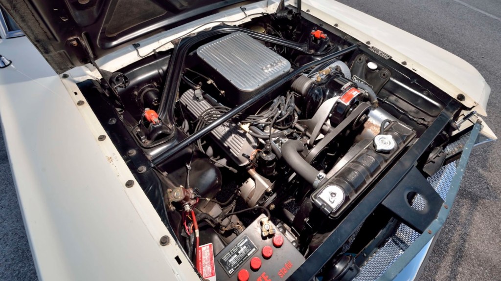 The engine bay of the 1965 Ford Shelby GT350 Mustang Paxton prototype, showing the supercharged V8