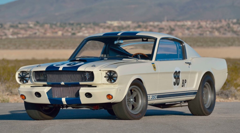 Ken Miles' 1965 Ford Shelby GT350R Mustang prototype in white with blue racing stripes