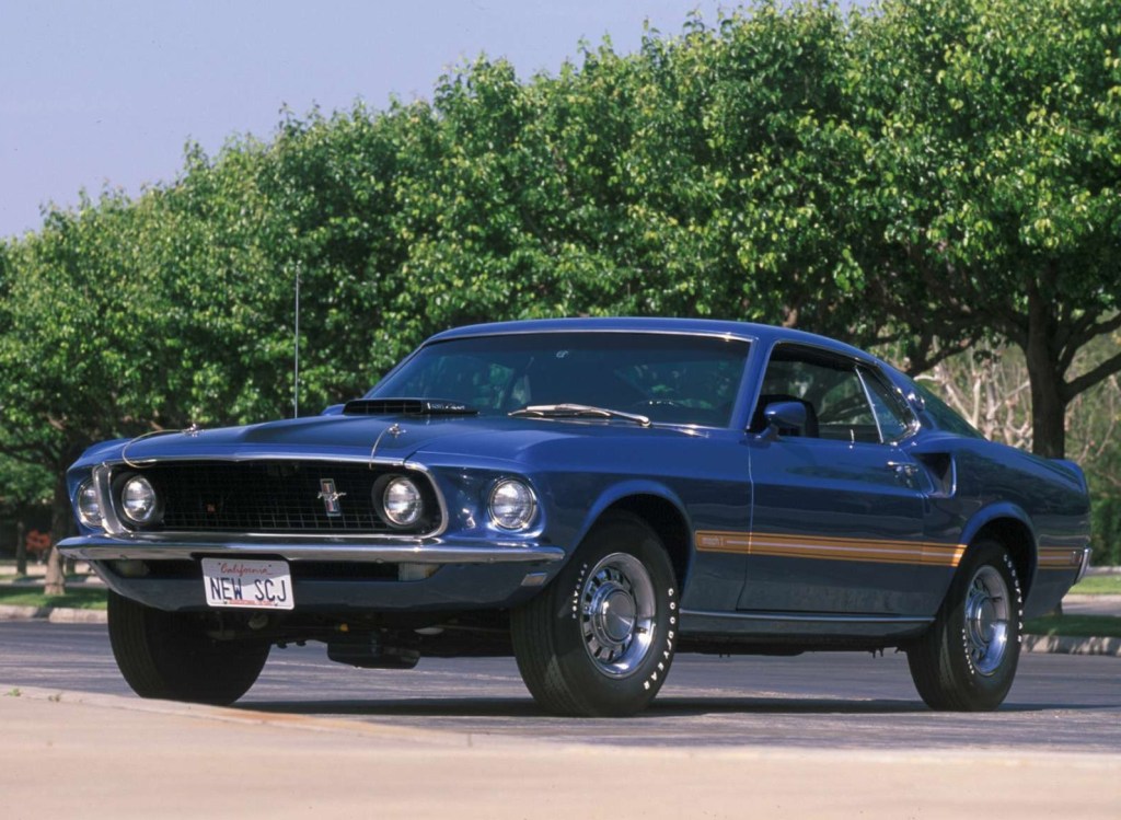 Blue-and-gold 1969 Ford Mustang Mach 1