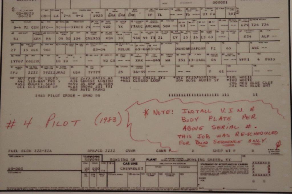 An old build sheet with the specs of the 1983 Corvette