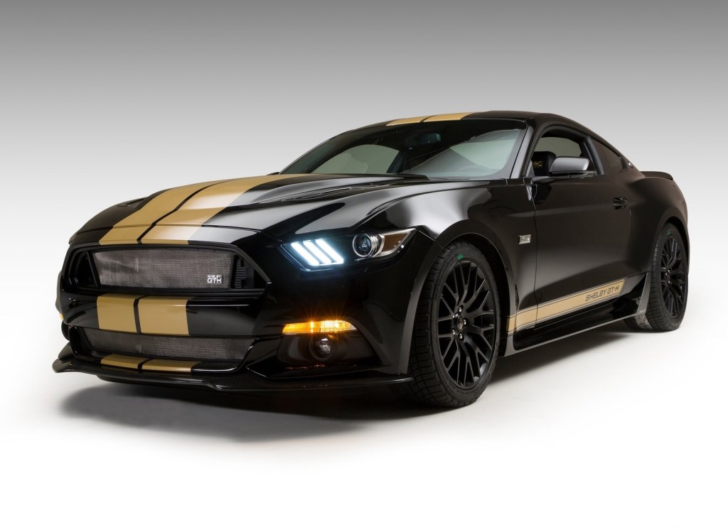 Black-with-gold-stripes 2016 Shelby GT-H Mustang, front 3/4-view