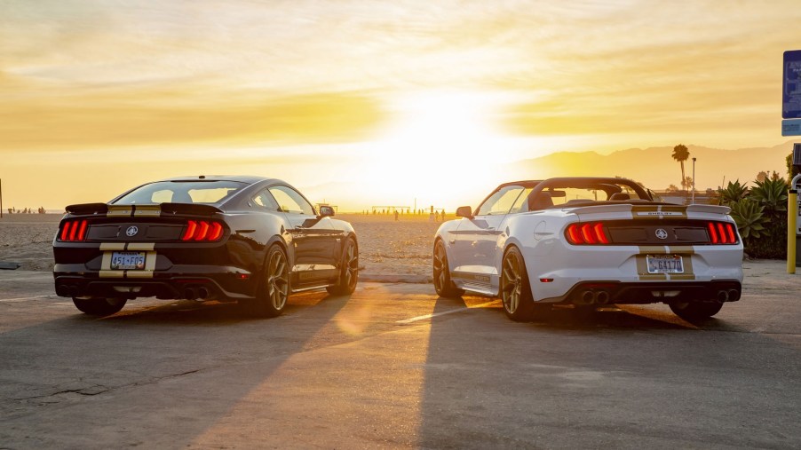 Black-with-gold-stripes 2019 Shelby GT-H Mustang and white-with-gold-stripes Mustang convertible face the sunset