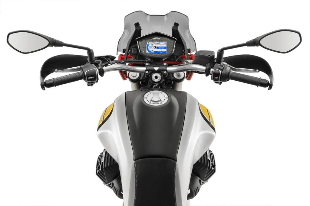 The 2020 Moto Guzzi V85TT Adventure's TFT display and handlebar with handguards