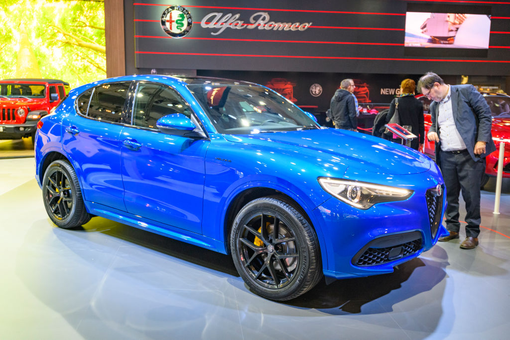 Alfa Romeo Stelvio Veloce front engine, all wheel drive, five door, compact luxury crossover SUV on display at Brussels Expo